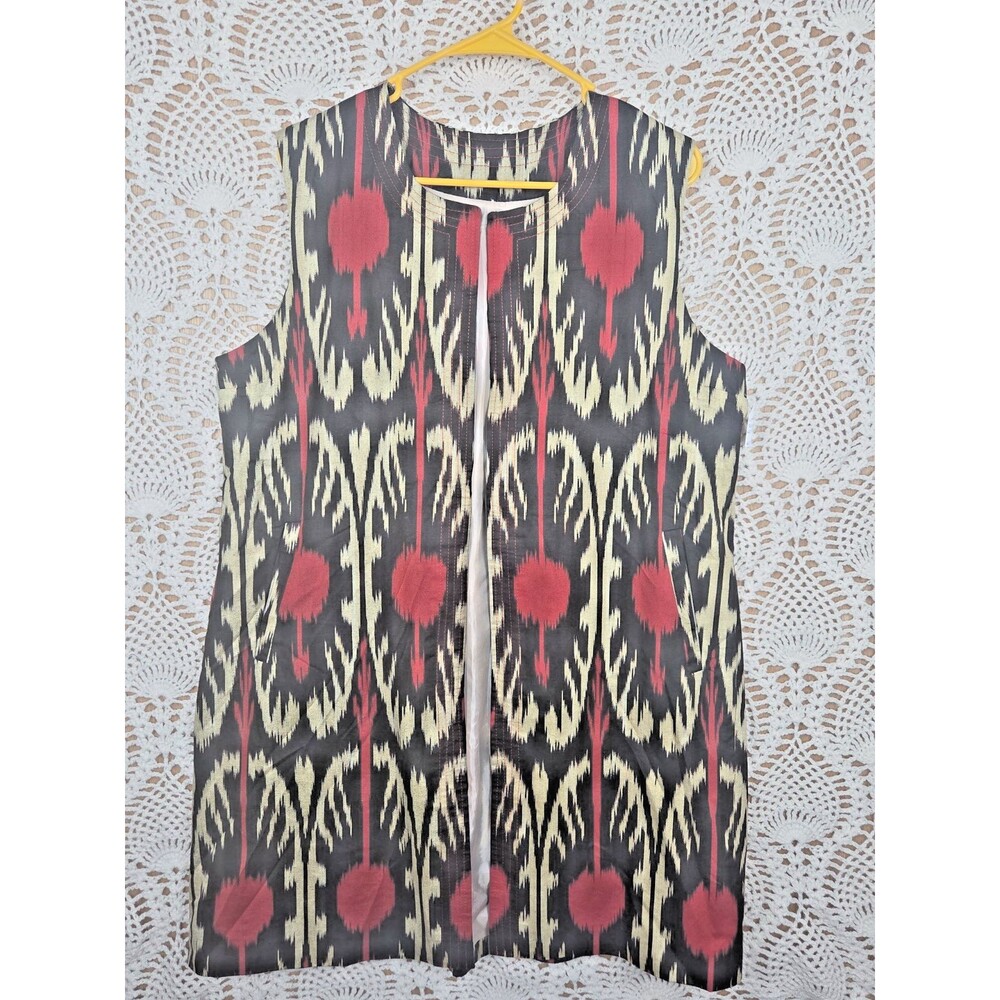WOMENS UZBEK IKAT ETHNIC CHAPAN TUNIC VEST L/XL POCKETS ART TO WEAR TRIBAL  *